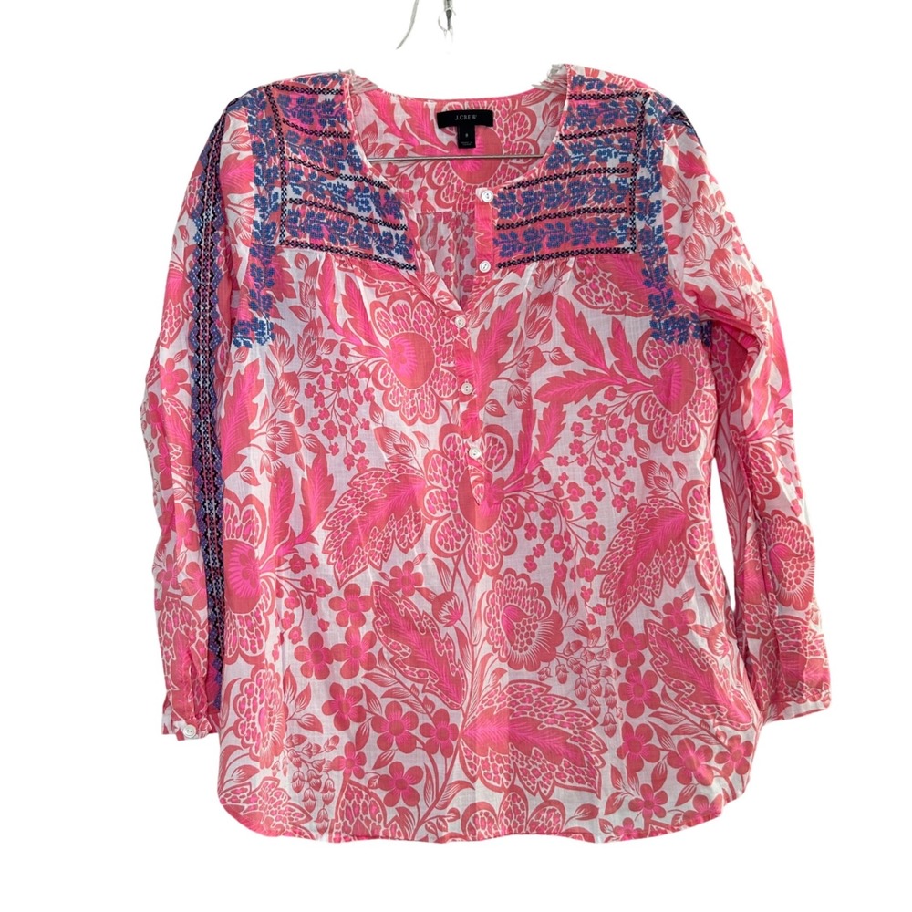 J.Crew Pink Floral Block Print Embroidered Cotton Tunic Top Womens 8 boho bold